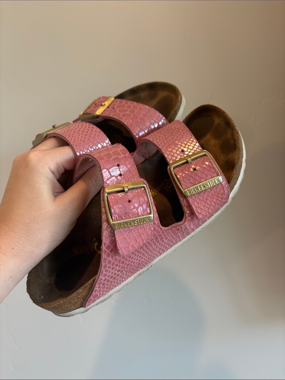 Birkenstock Arizona Sandals Snake Print Pink and Gold Size 37
